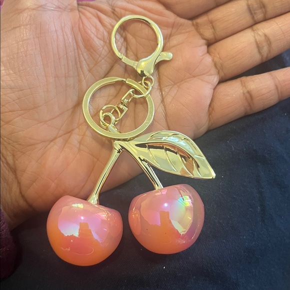 pink iridescent Cherry Keychain with Gold Accents - Picture 2 of 2